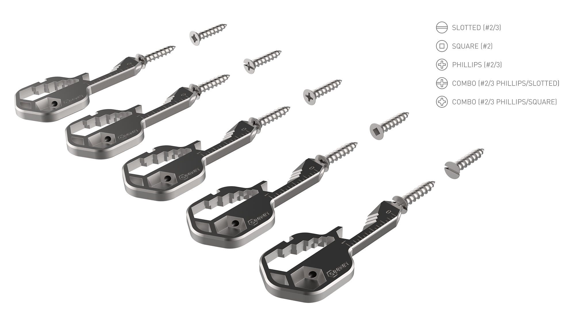 Geekey multi tool screwdriver head list: slotted (#2/3), Square (#2), Phillips (#2/3), Pozi (#2/3)